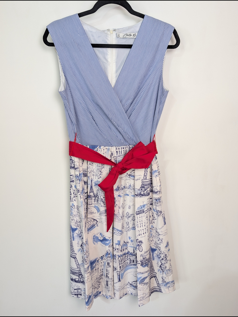 Chetta B Paris France Theme‎ Print Fit & Flare Dress Blue Size 8 Travel Vacation